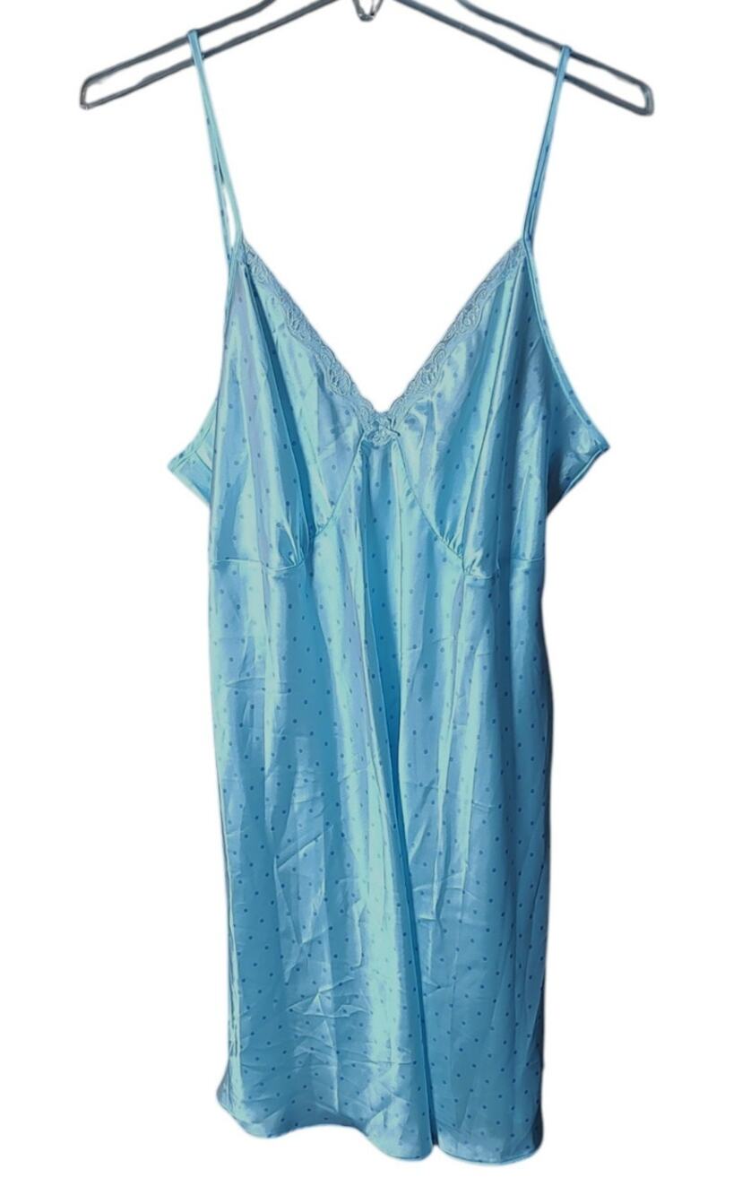 Adonna Blue Polka Dot Satin Tie Back Sexy Chemise Slip Dress Women 1x